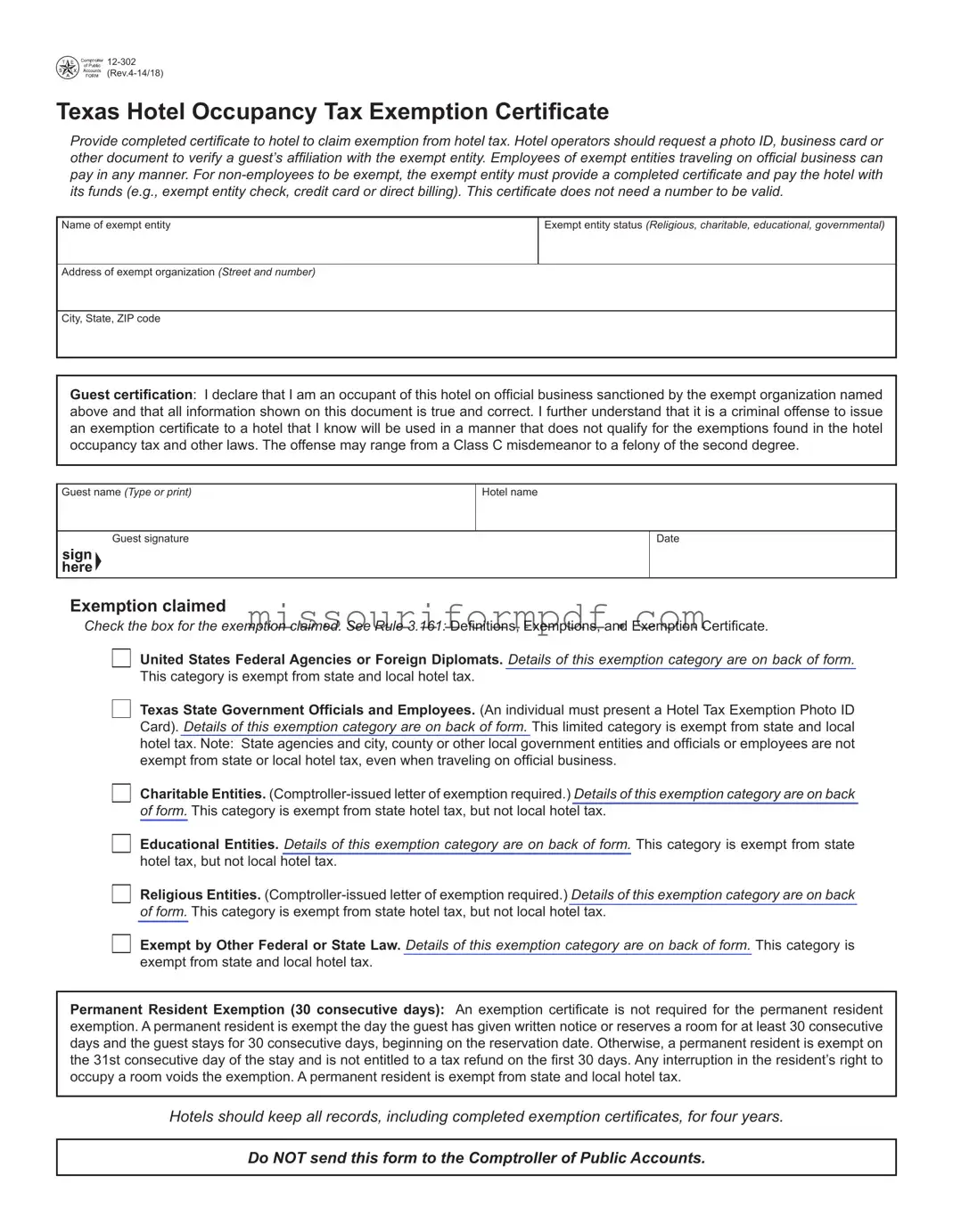 Blank Hotel Tax Exemption Missouri Template