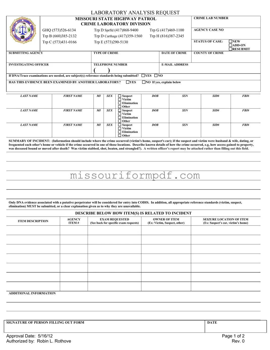 Blank Laboratory Analysis Request Missouri Template