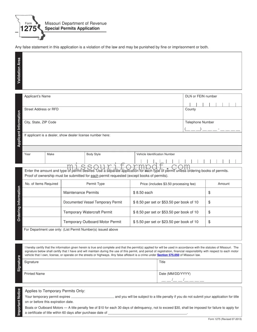 Blank Missouri 1275 Template