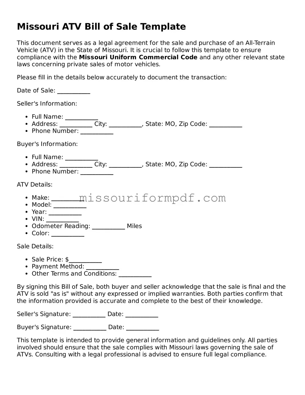 Printable ATV Bill of Sale Template for Missouri State