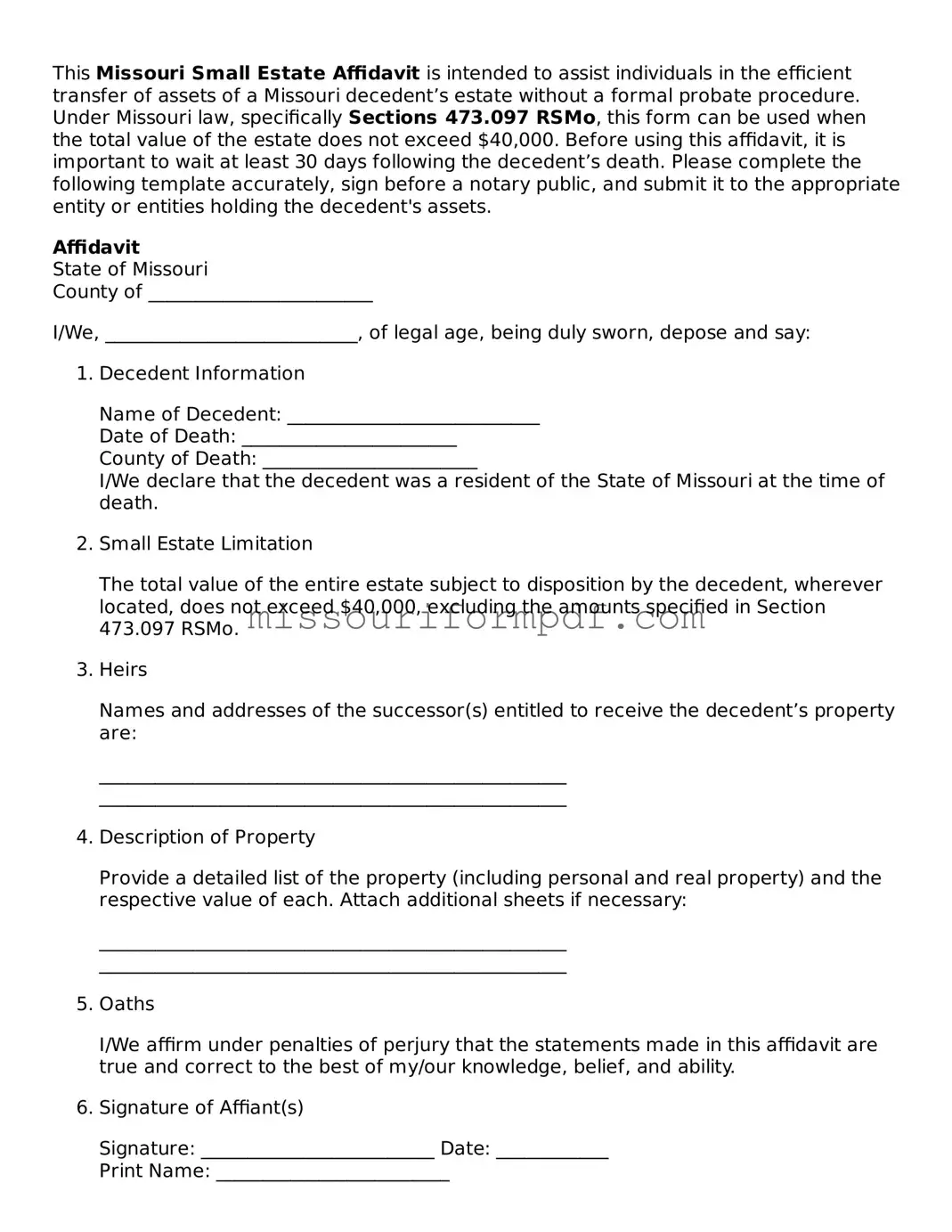 Printable Small Estate Affidavit Template for Missouri State