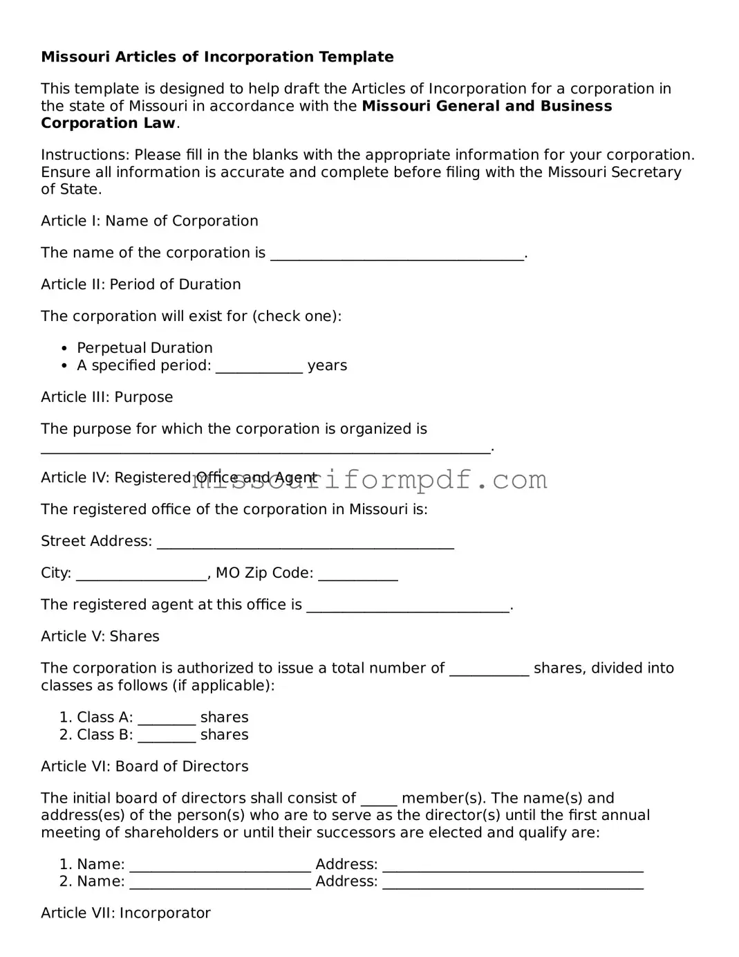 Printable Articles of Incorporation Template for Missouri State