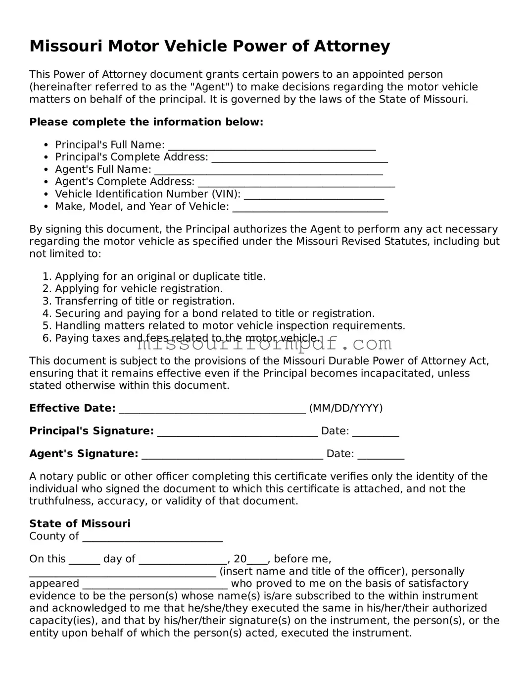 Printable Motor Vehicle Power of Attorney Template for Missouri State
