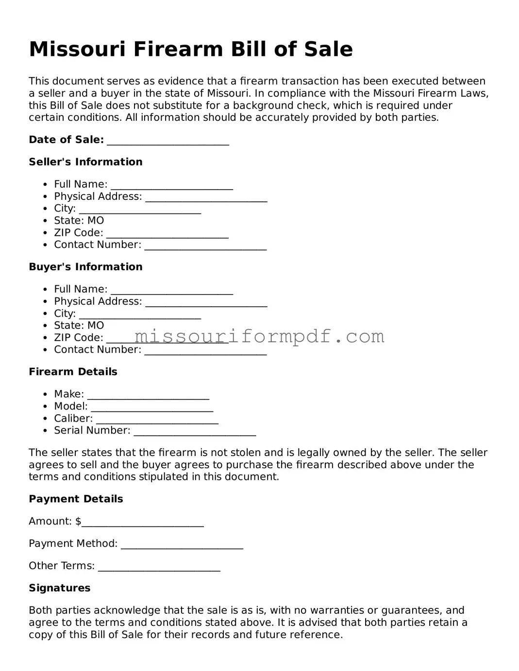 Printable Firearm Bill of Sale Template for Missouri State