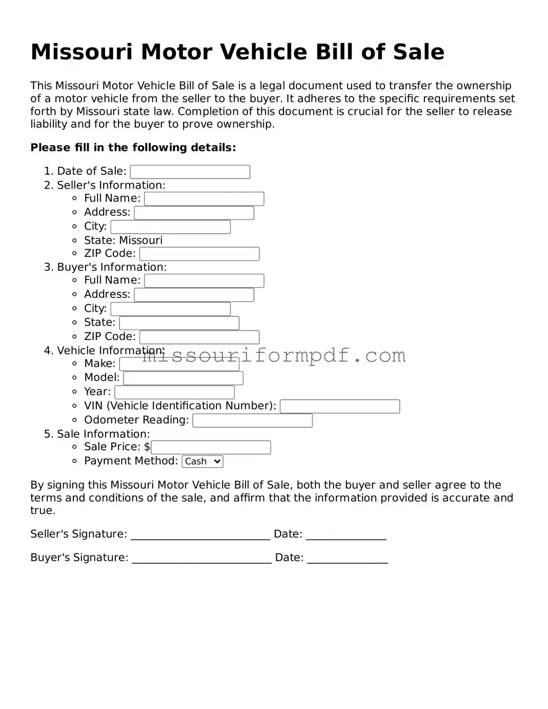 Printable Motor Vehicle Bill of Sale Template for Missouri State