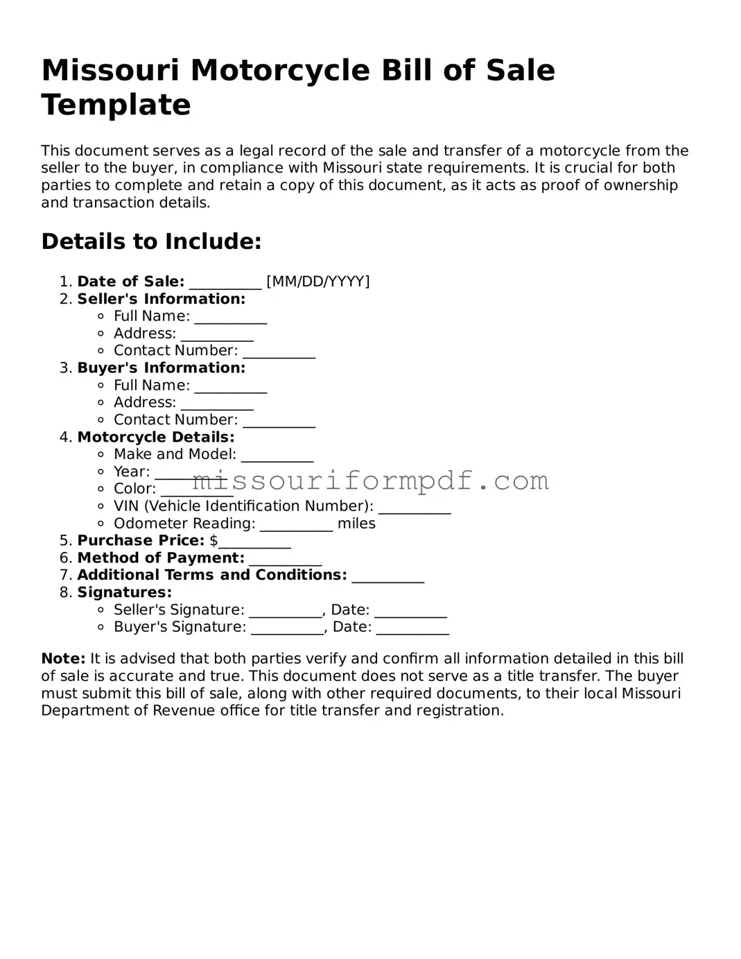 Printable Motorcycle Bill of Sale Template for Missouri State