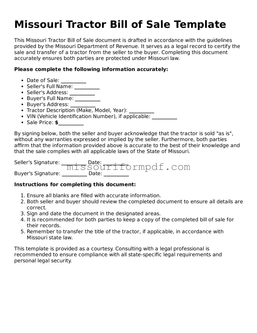 Printable Tractor Bill of Sale Template for Missouri State