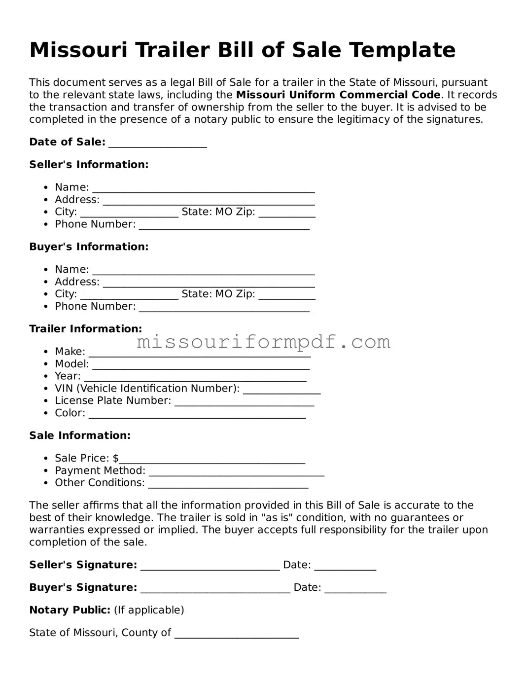 Printable Trailer Bill of Sale Template for Missouri State