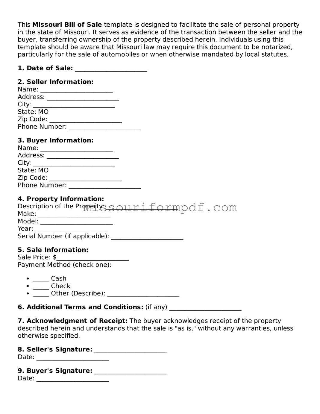 Printable Bill of Sale Template for Missouri State