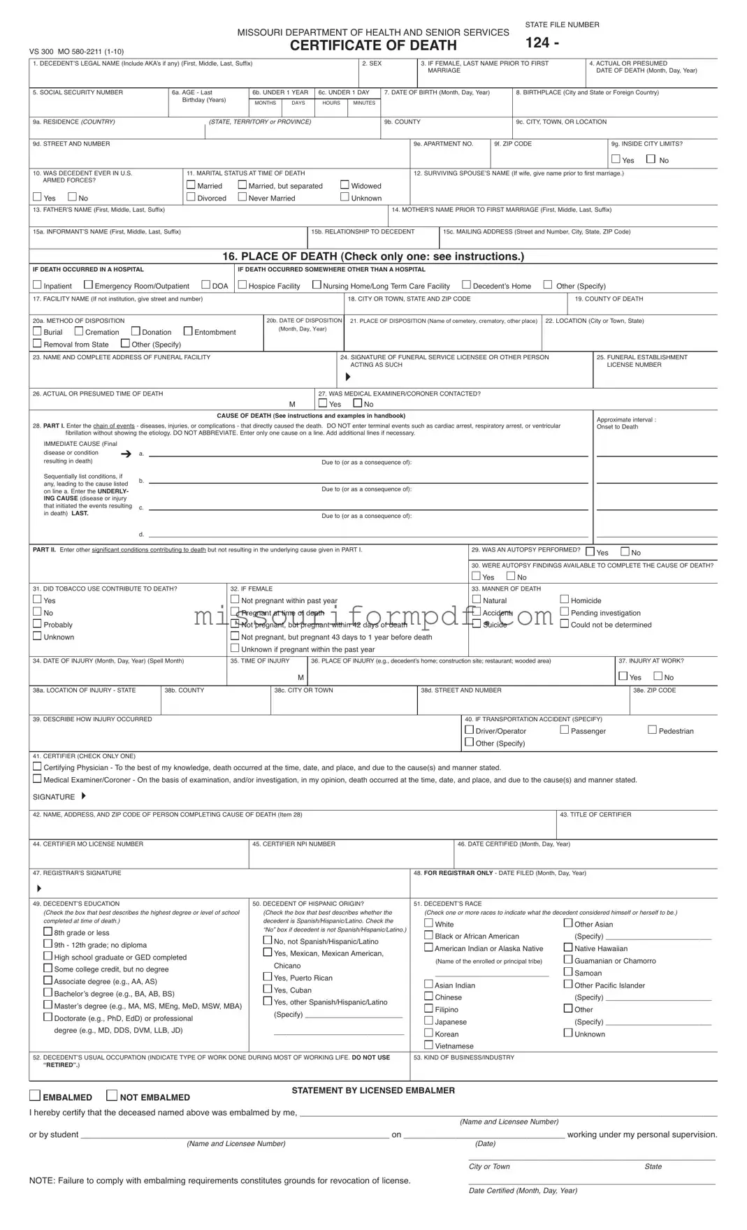 Blank Missouri Certificate Of Death Template
