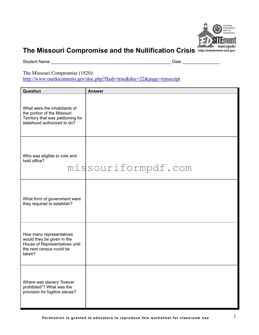 Blank Missouri Compromise Template