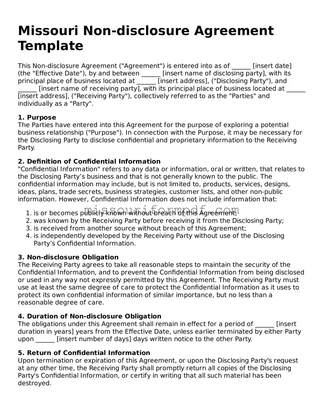 Printable Non-disclosure Agreement Template for Missouri State