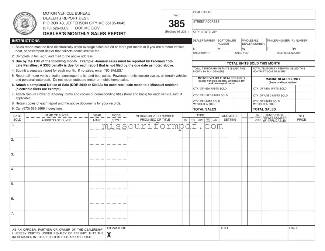 Blank Missouri Dealer Monthly Sales Report Template