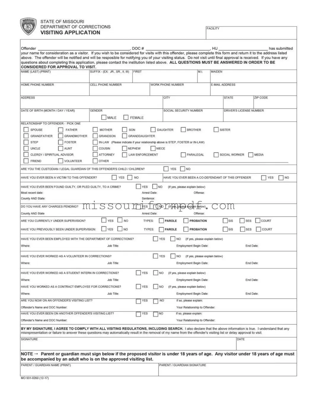 Blank Missouri Dept Of Corrections Template