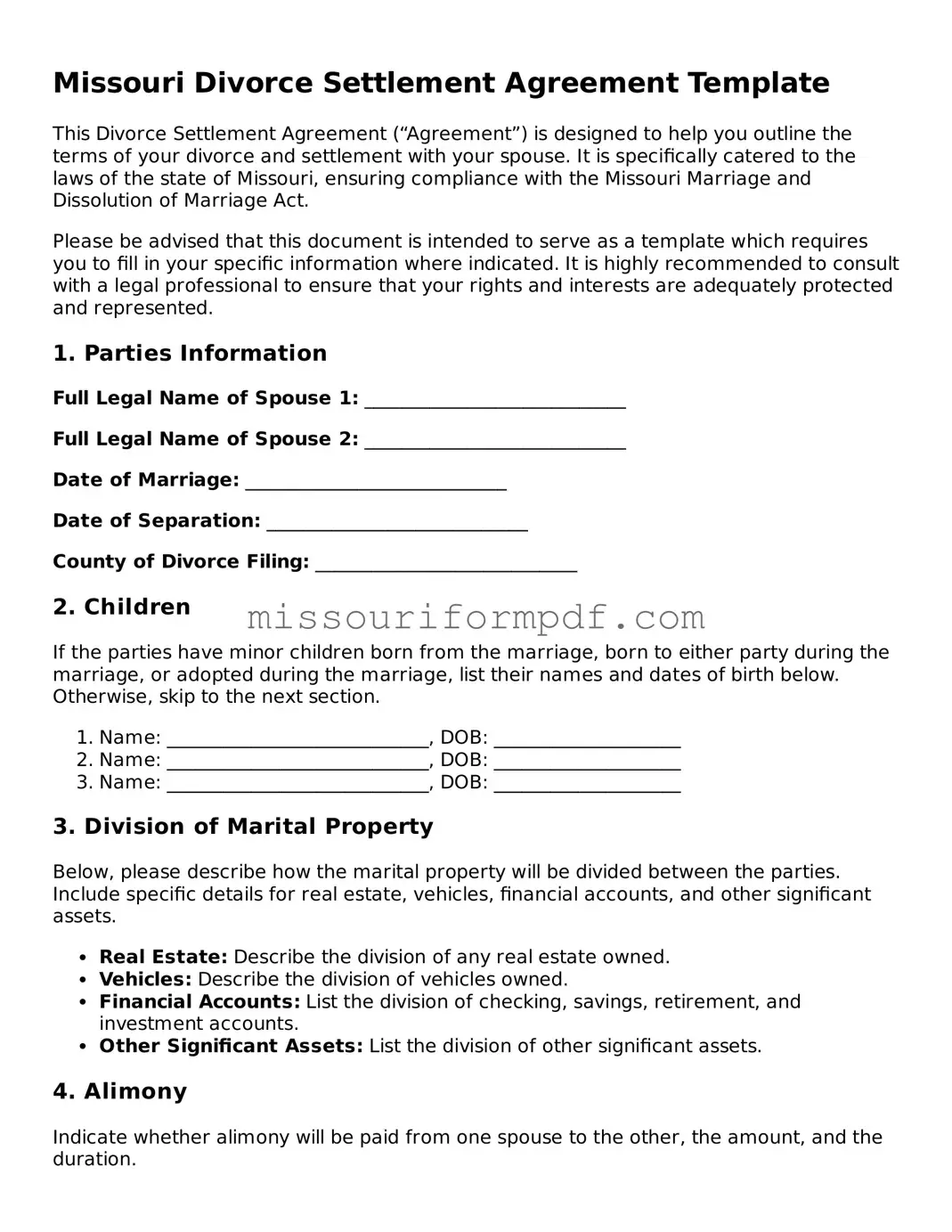 Printable Divorce Settlement Agreement Template for Missouri State