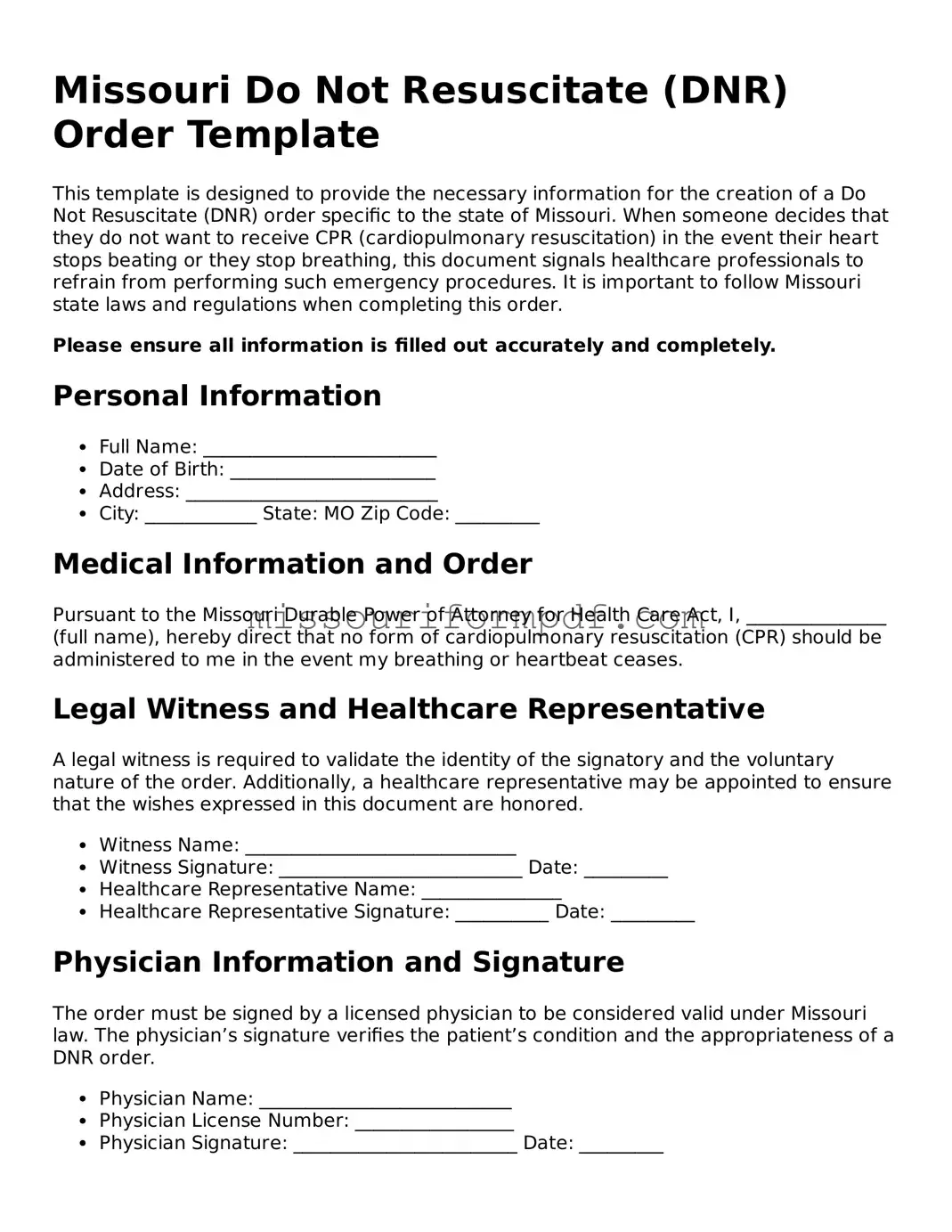 Printable Do Not Resuscitate Order Template for Missouri State