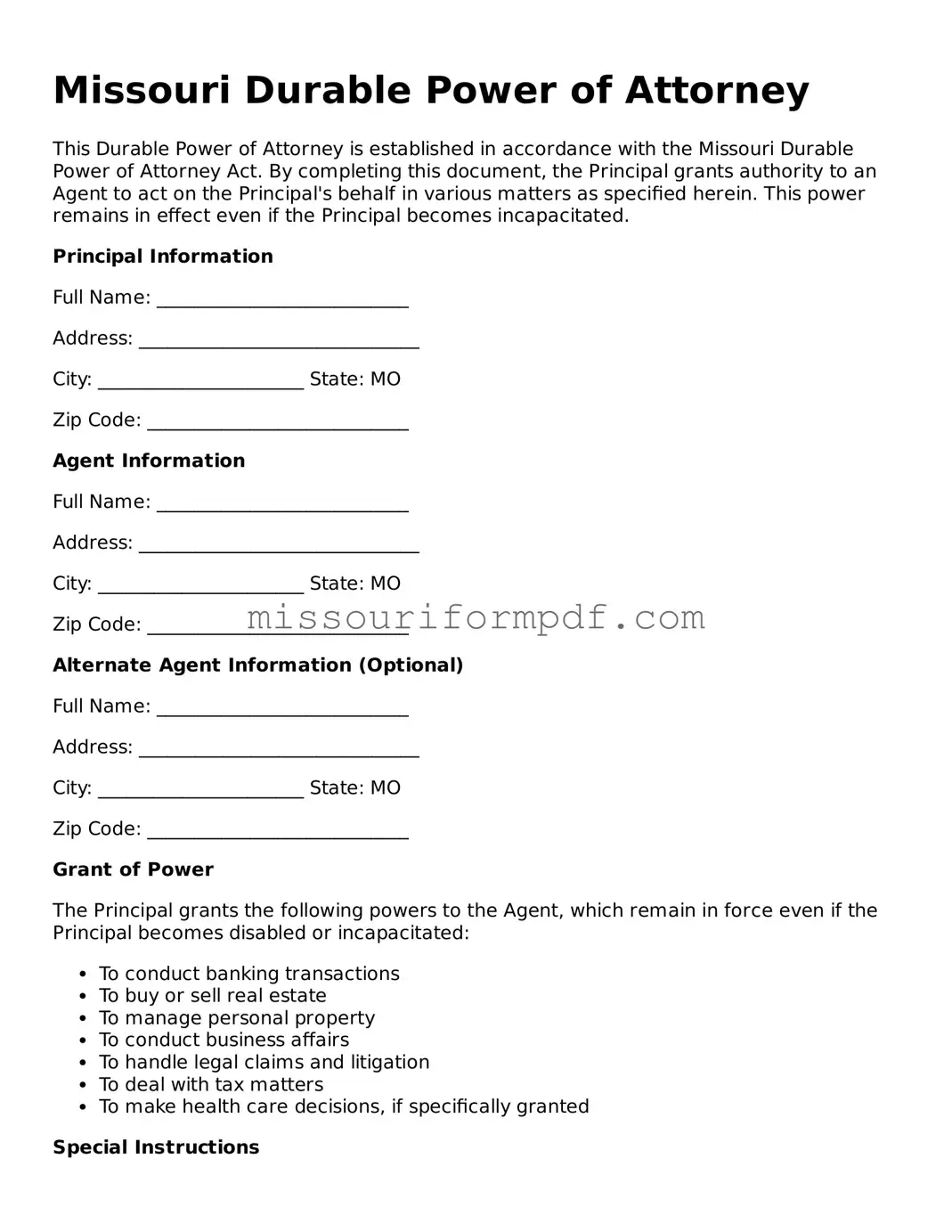 Printable Durable Power of Attorney Template for Missouri State