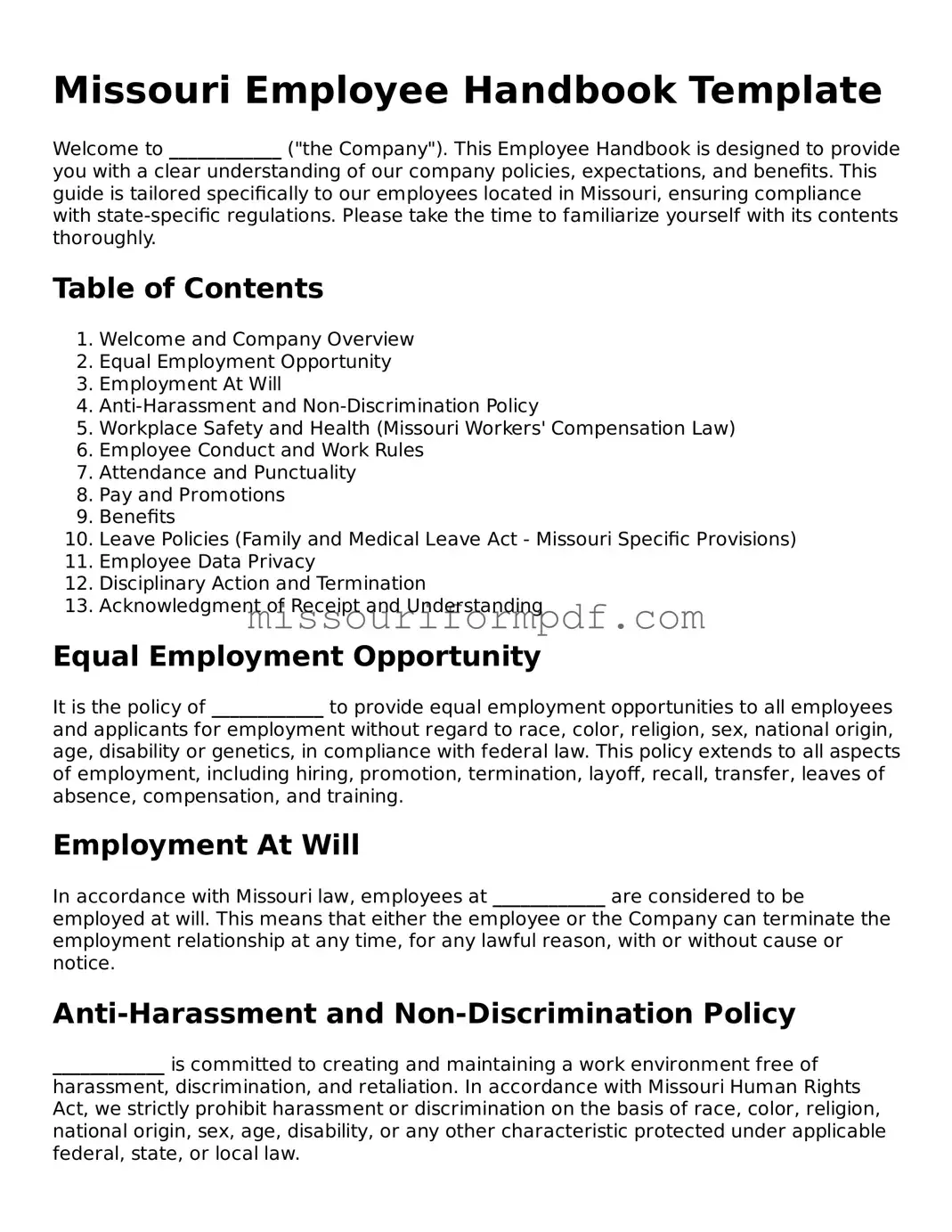 Printable Employee Handbook Template for Missouri State