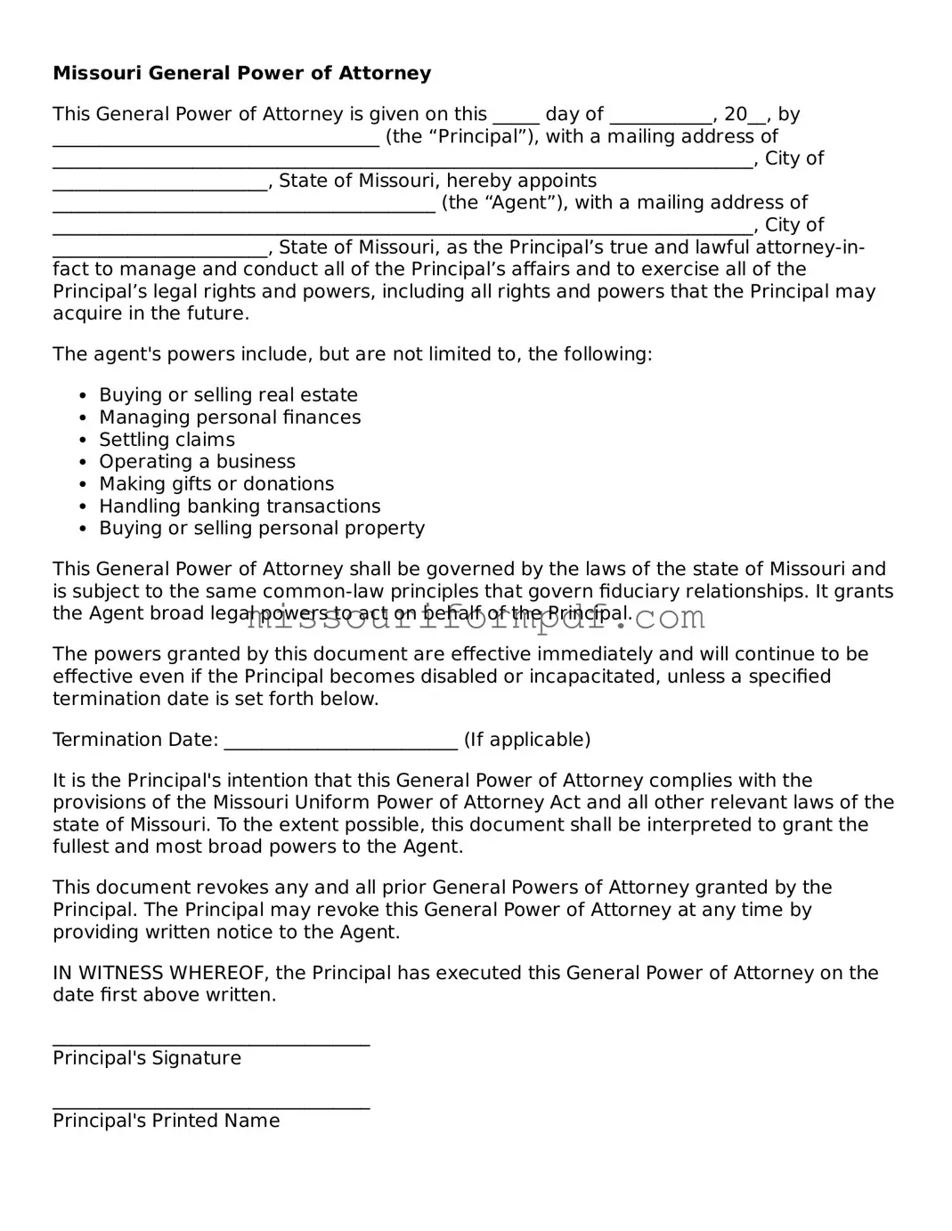 Printable General Power of Attorney Template for Missouri State