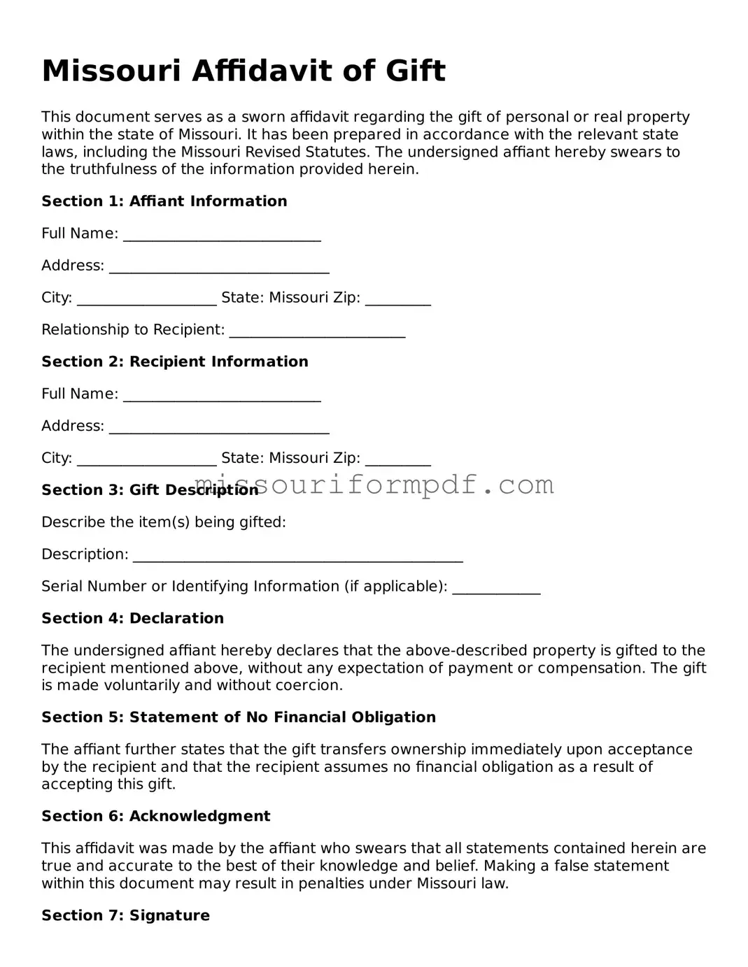 Printable Affidavit of Gift Template for Missouri State