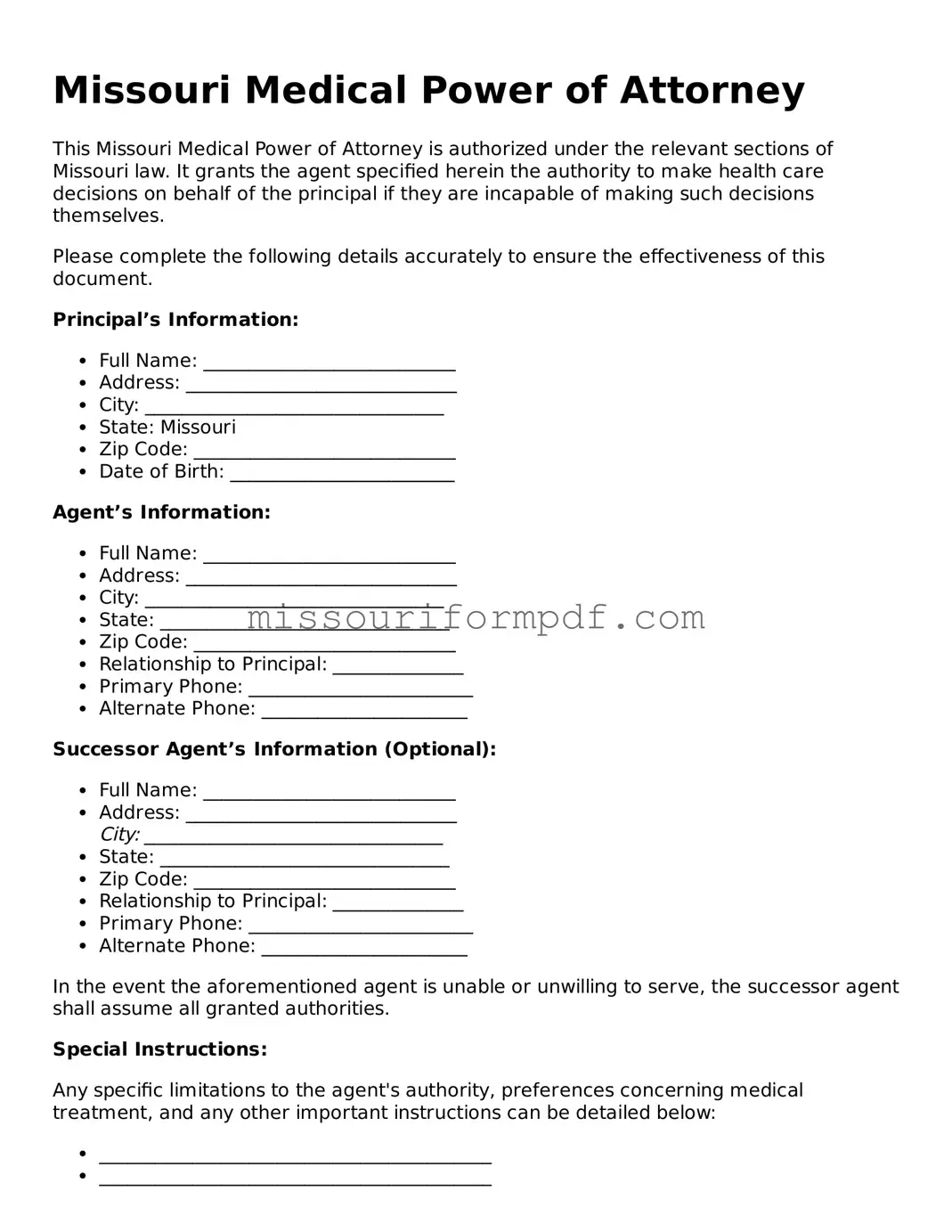 Printable Medical Power of Attorney Template for Missouri State