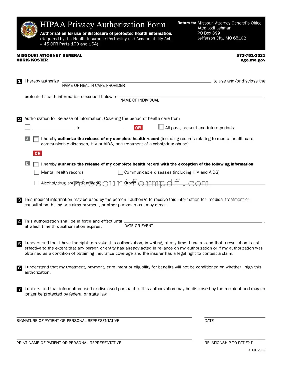 Blank Missouri Hipaa Template