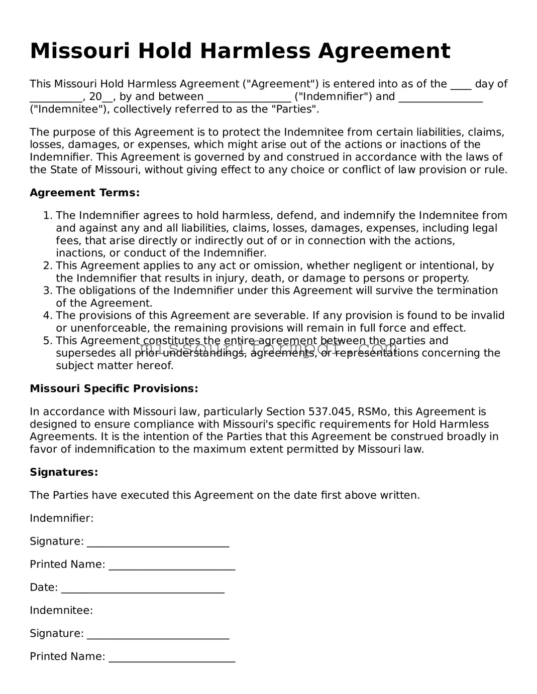 Printable Hold Harmless Agreement Template for Missouri State