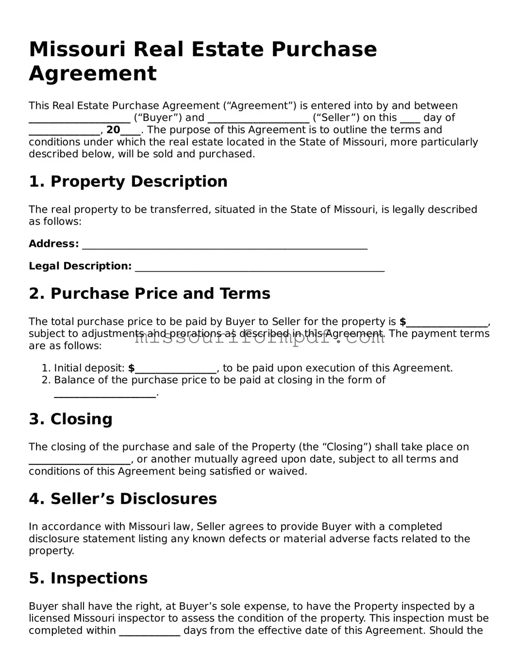 Printable Real Estate Purchase Agreement Template for Missouri State