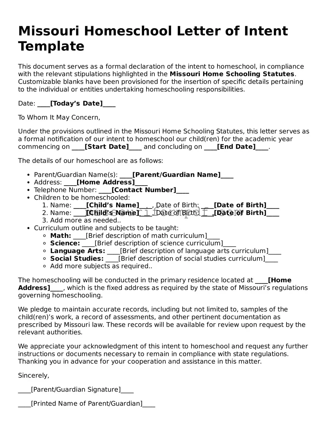 Printable Homeschool Letter of Intent Template for Missouri State