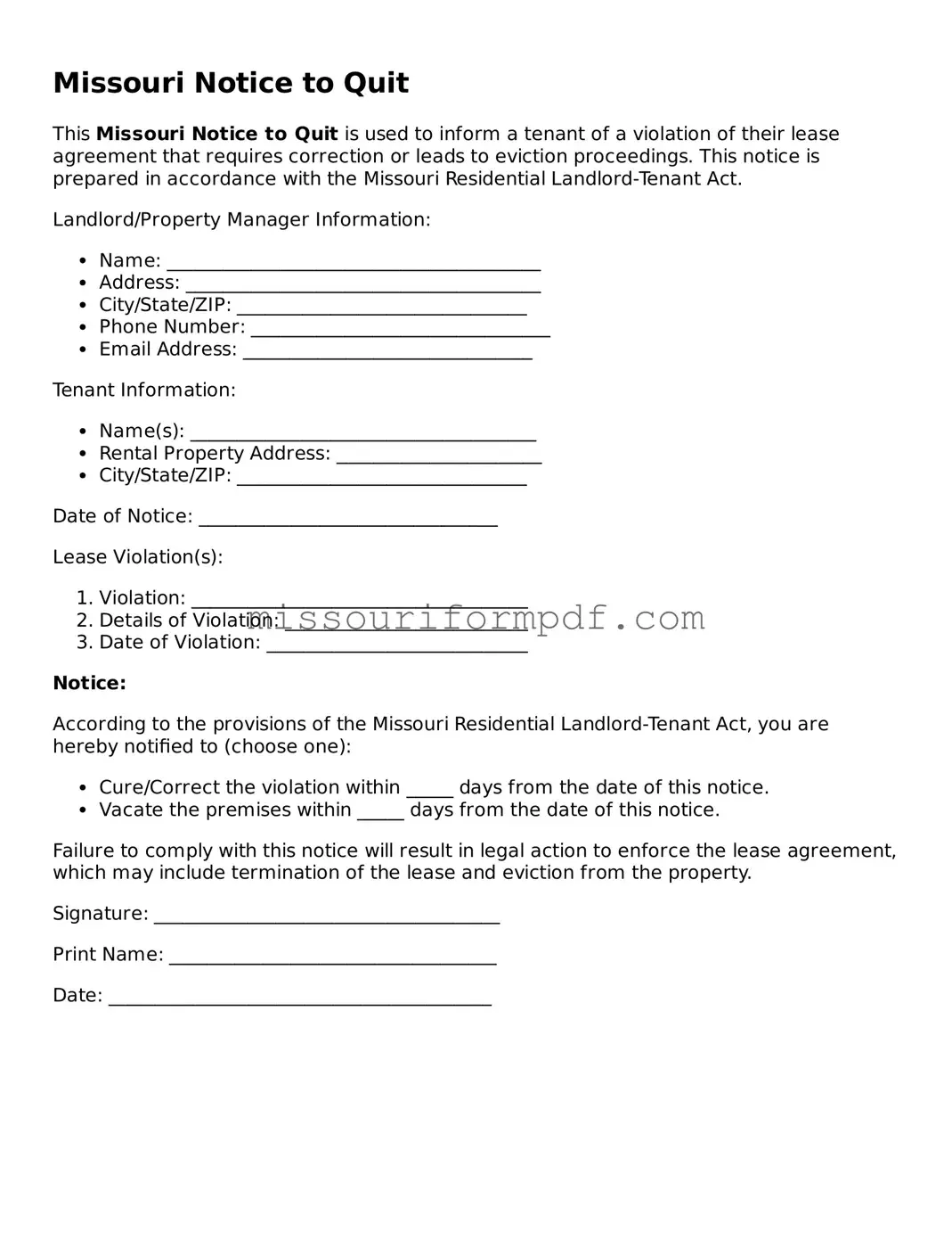 Printable Notice to Quit Template for Missouri State