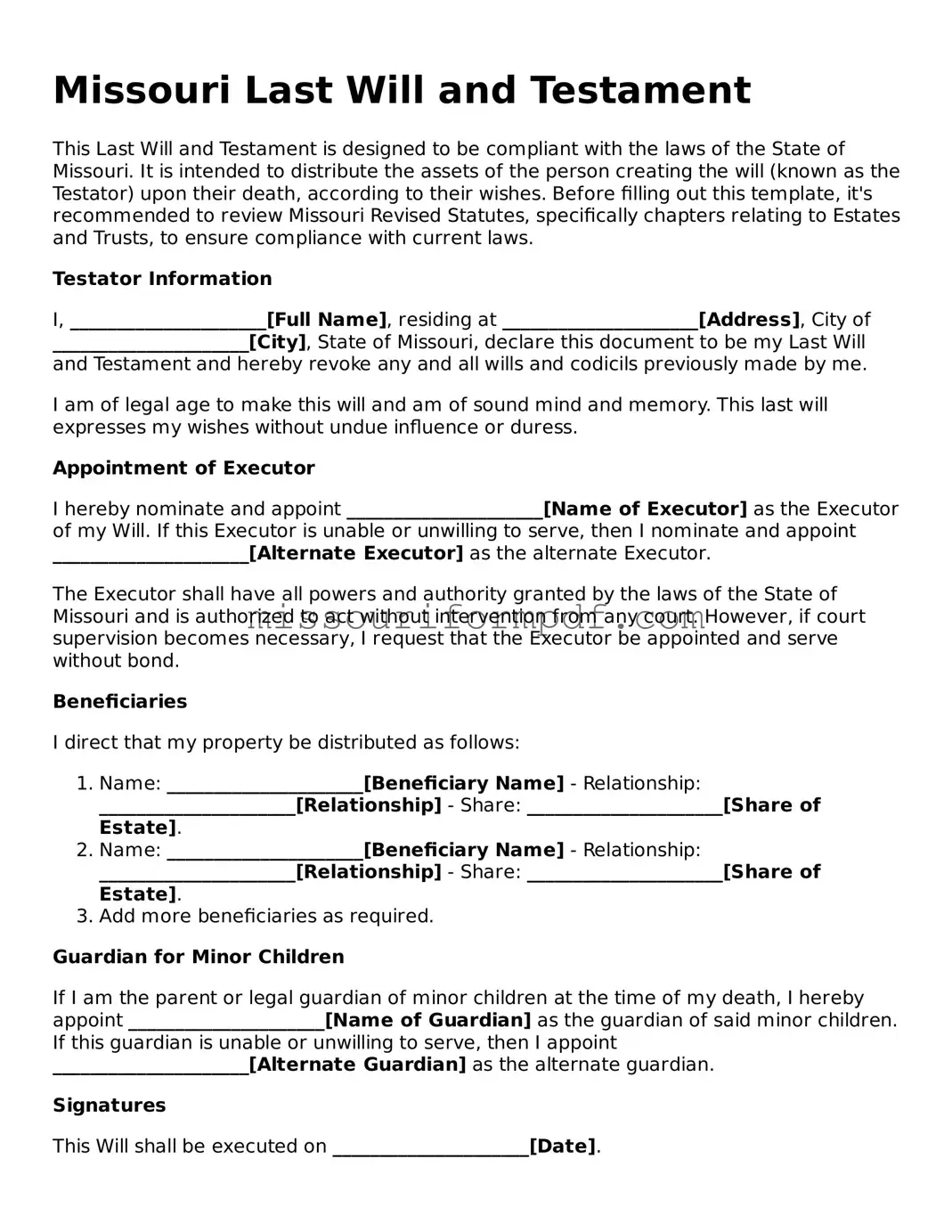 Printable Last Will and Testament Template for Missouri State