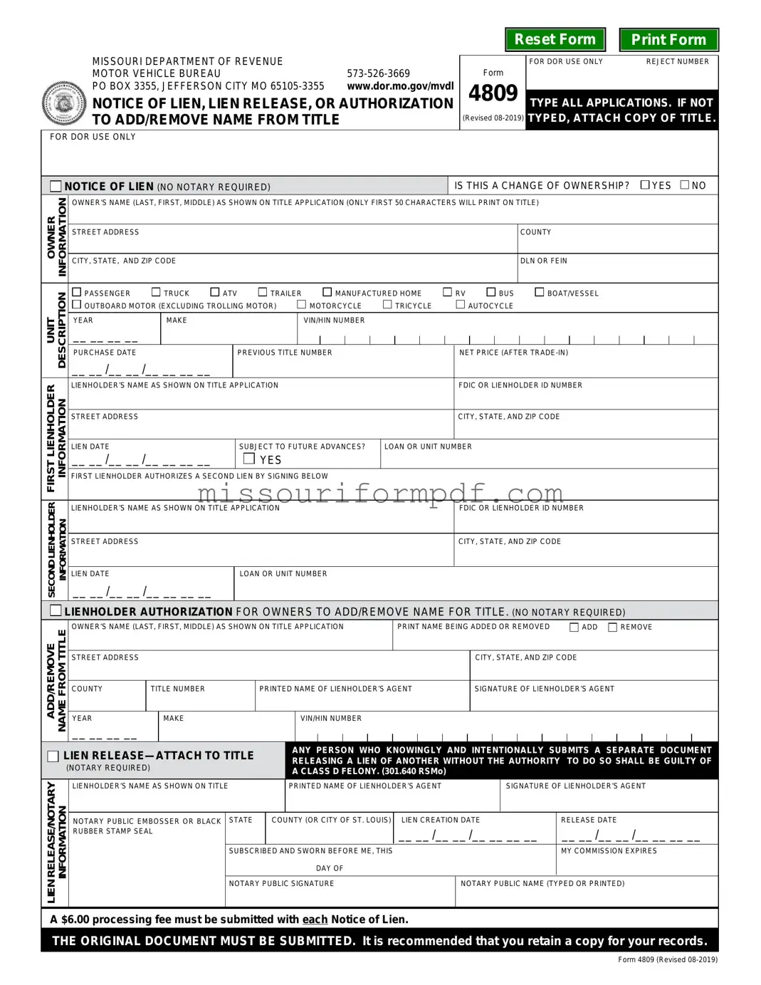 Blank Missouri Lien Template