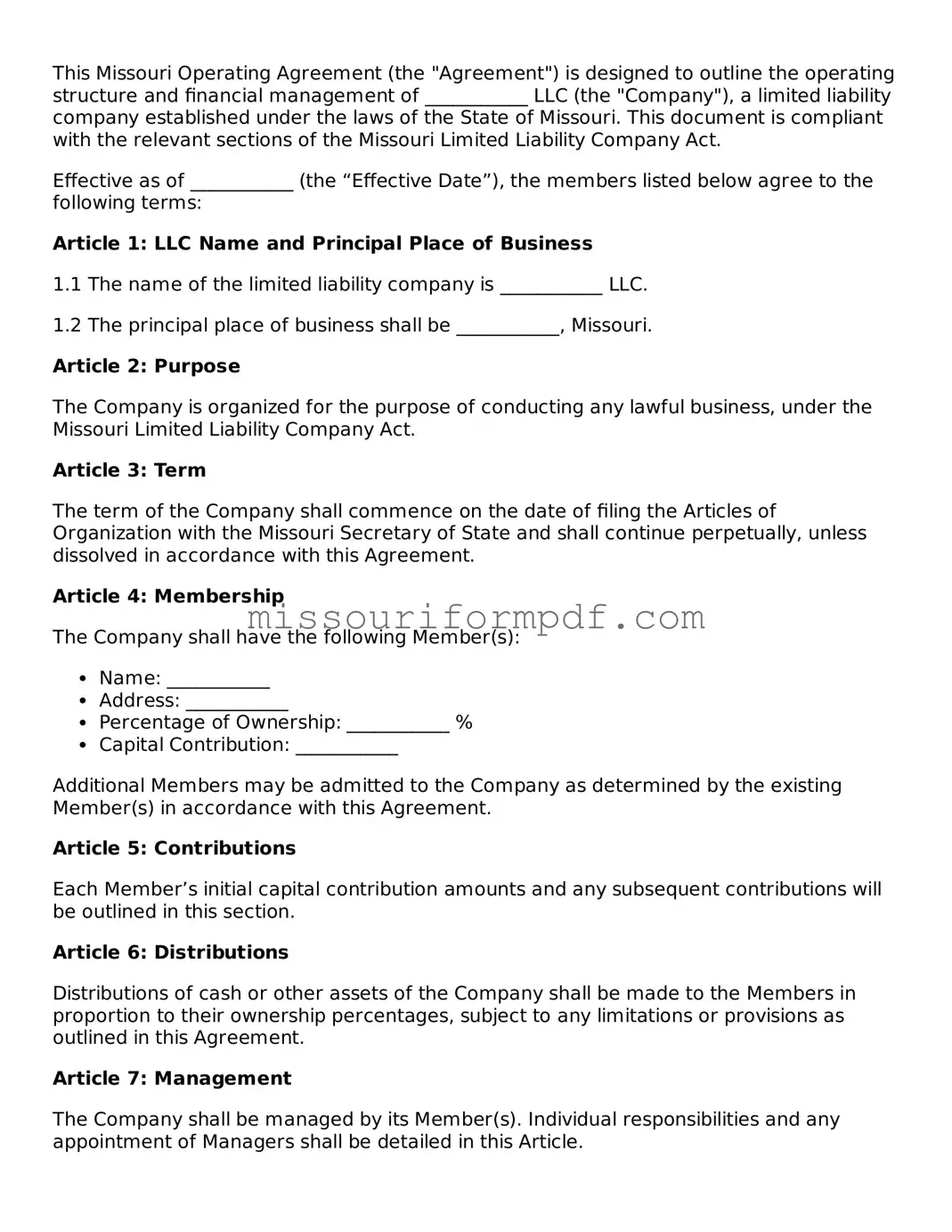 Printable Operating Agreement Template for Missouri State