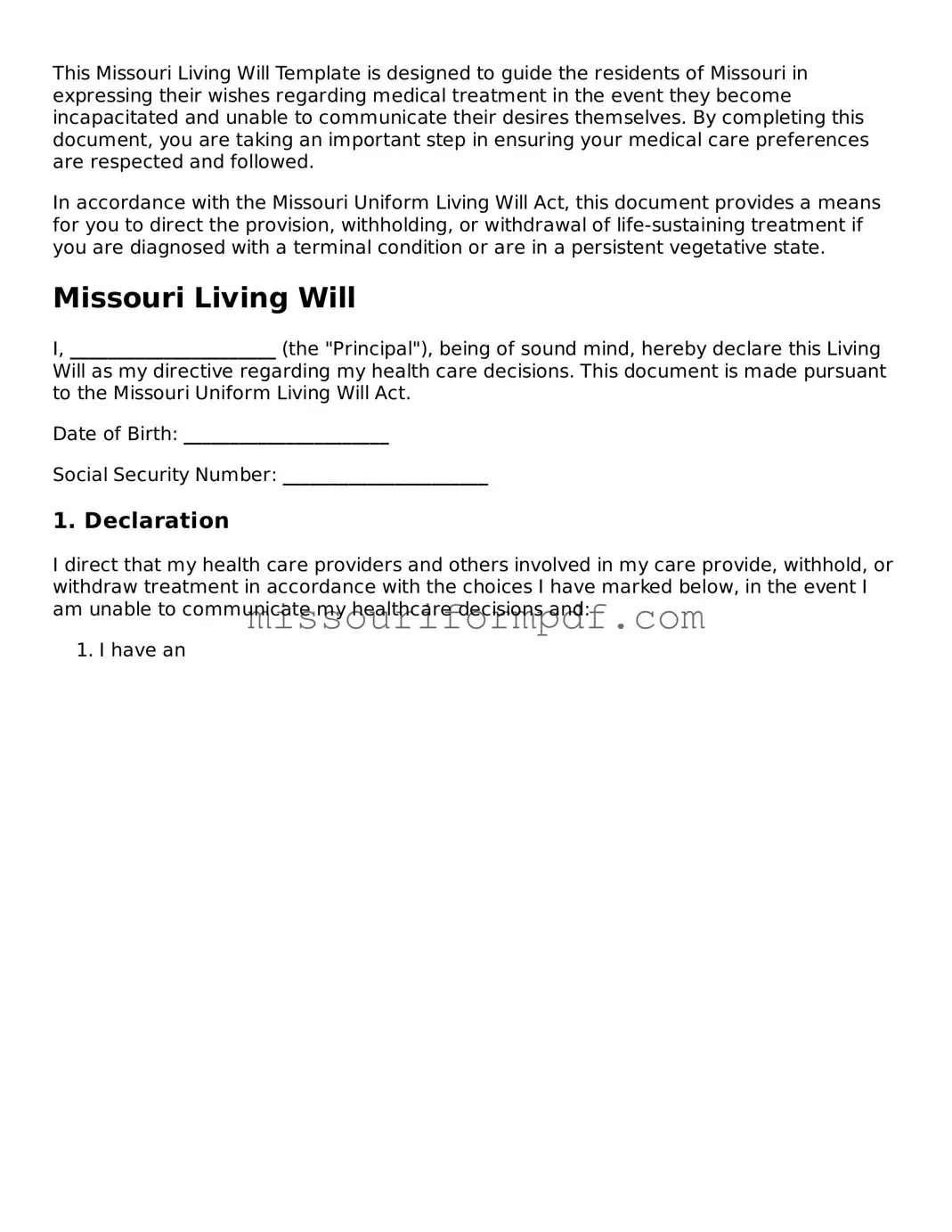 Printable Living Will Template for Missouri State