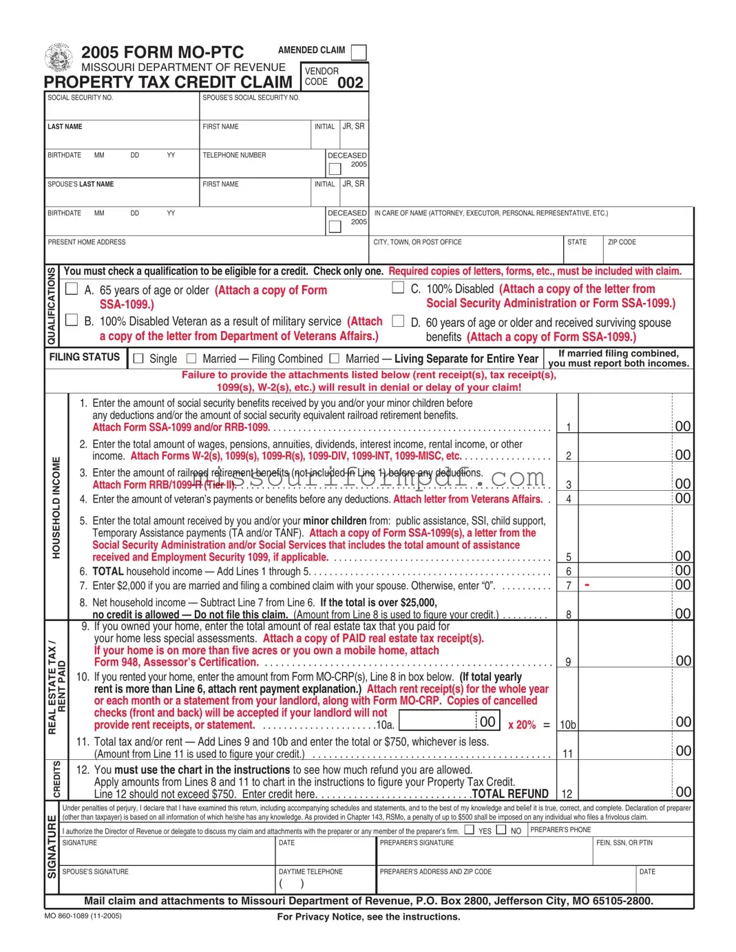 Blank Missouri Mo Ptc Template