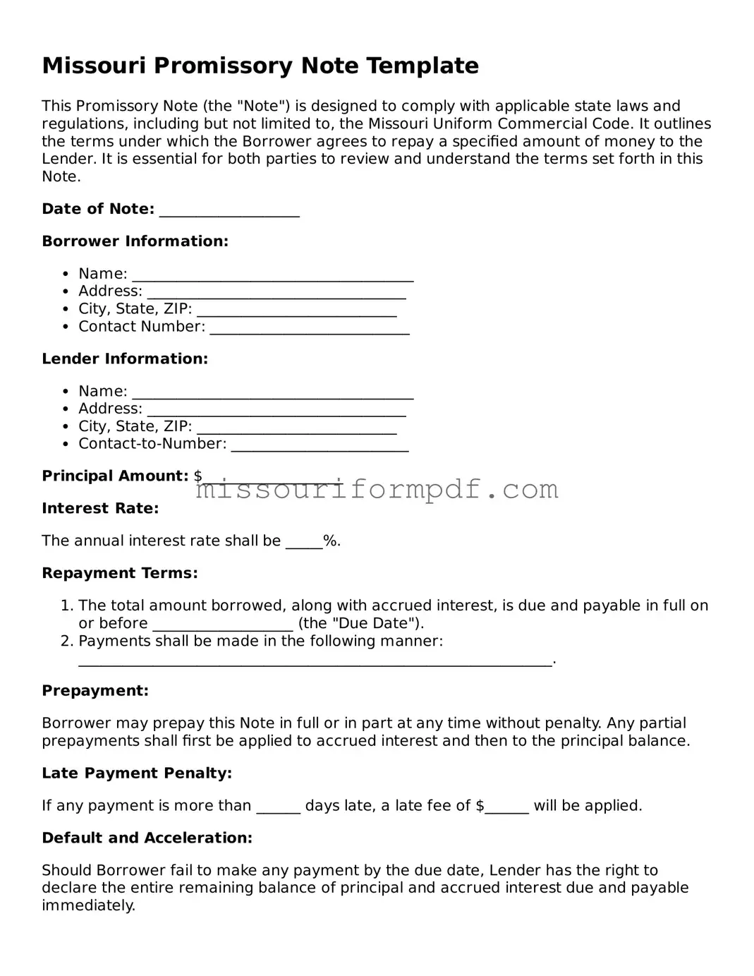 Printable Promissory Note Template for Missouri State