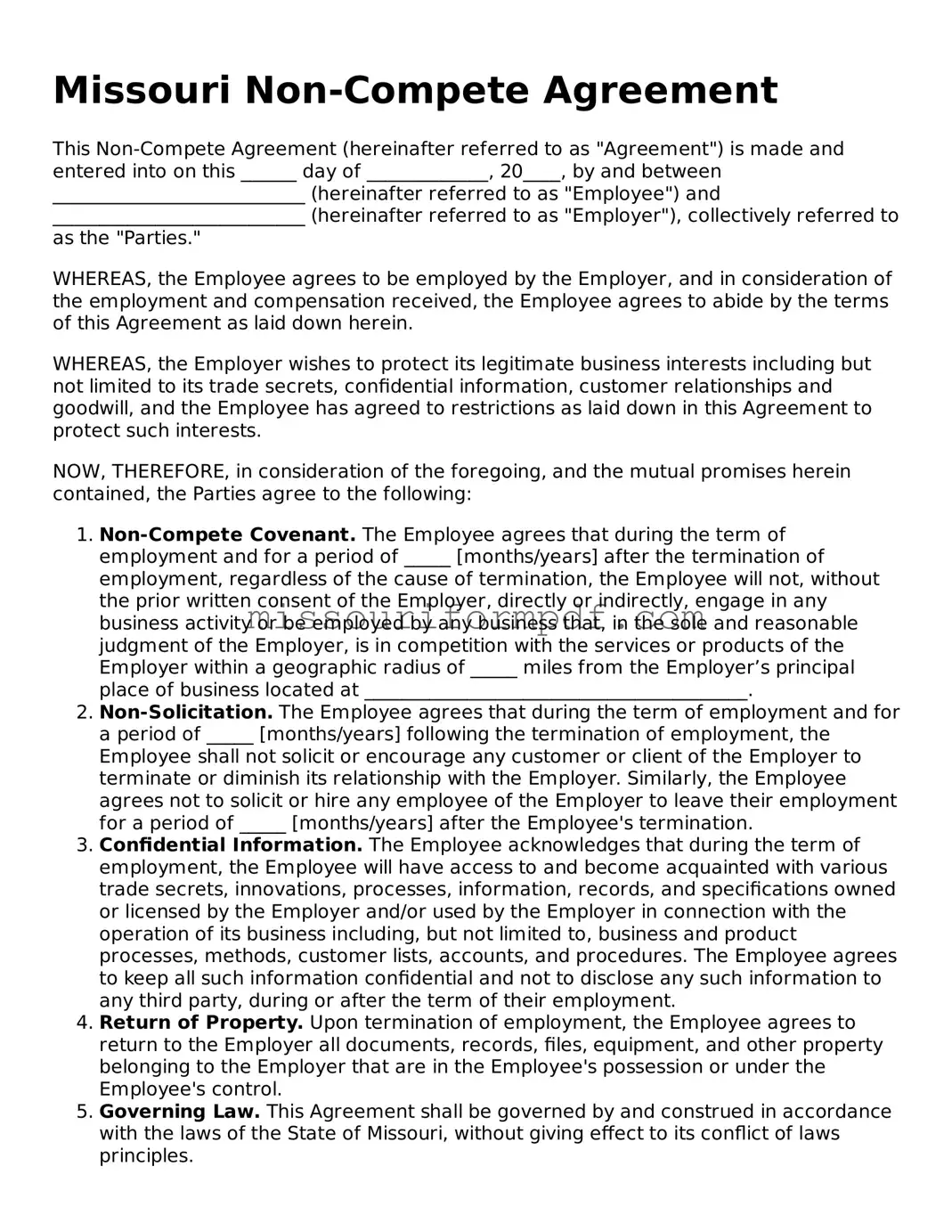 Printable Non-compete Agreement Template for Missouri State