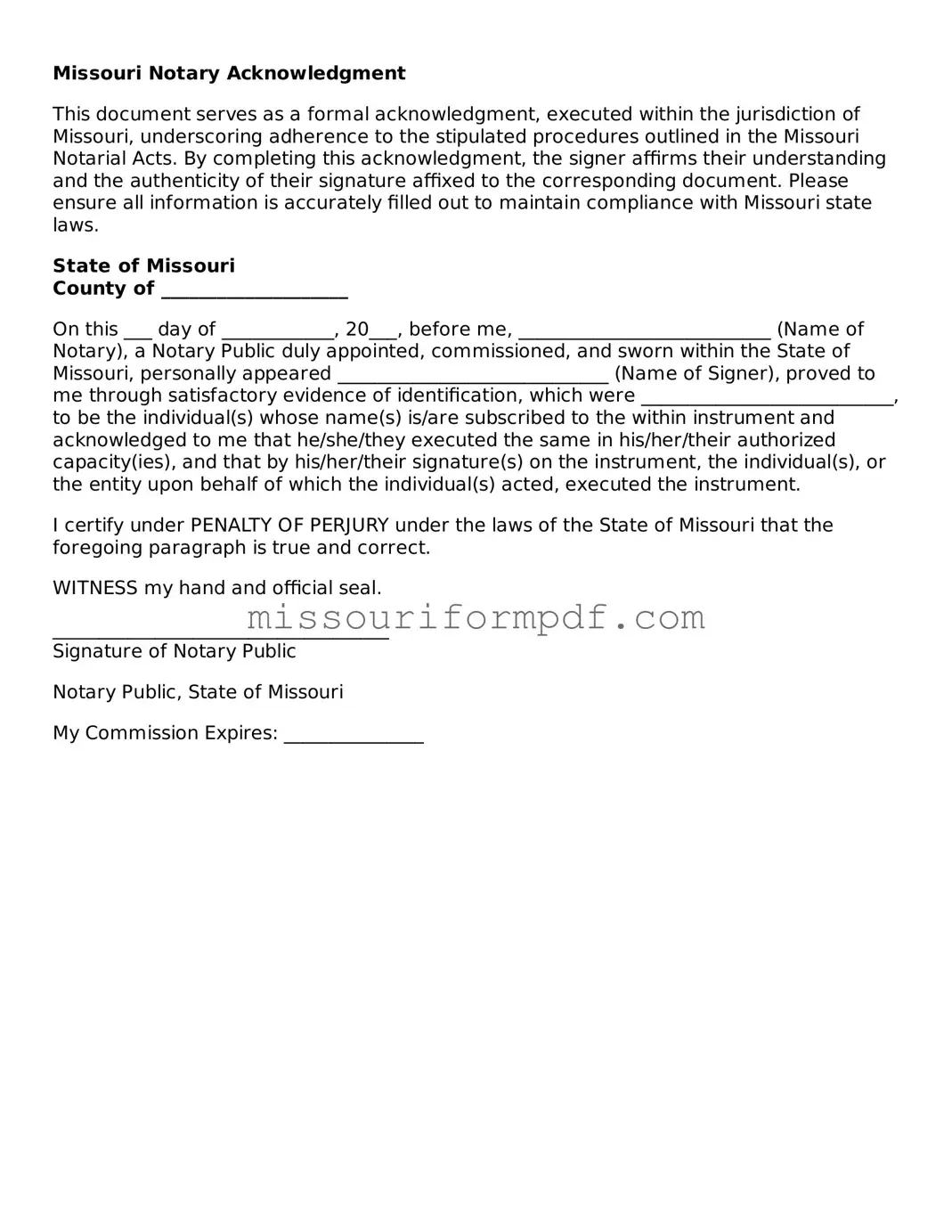 Printable Notary Acknowledgement Template for Missouri State