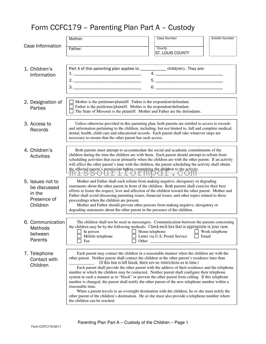 Blank Missouri Parenting Plan Template