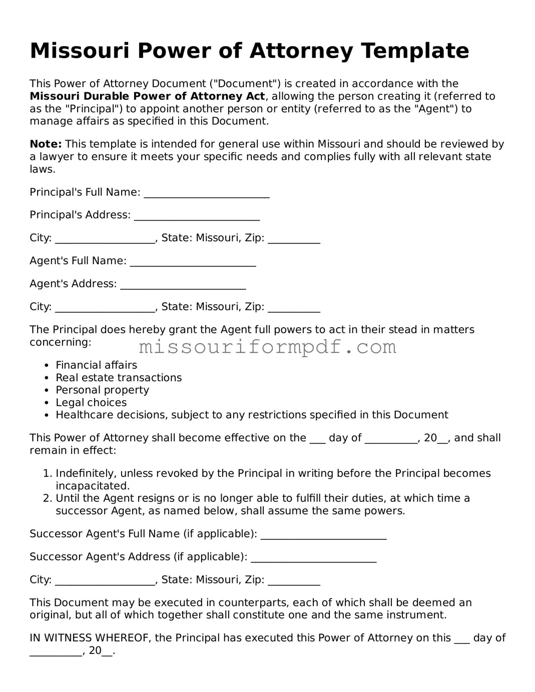 Printable Power of Attorney Template for Missouri State