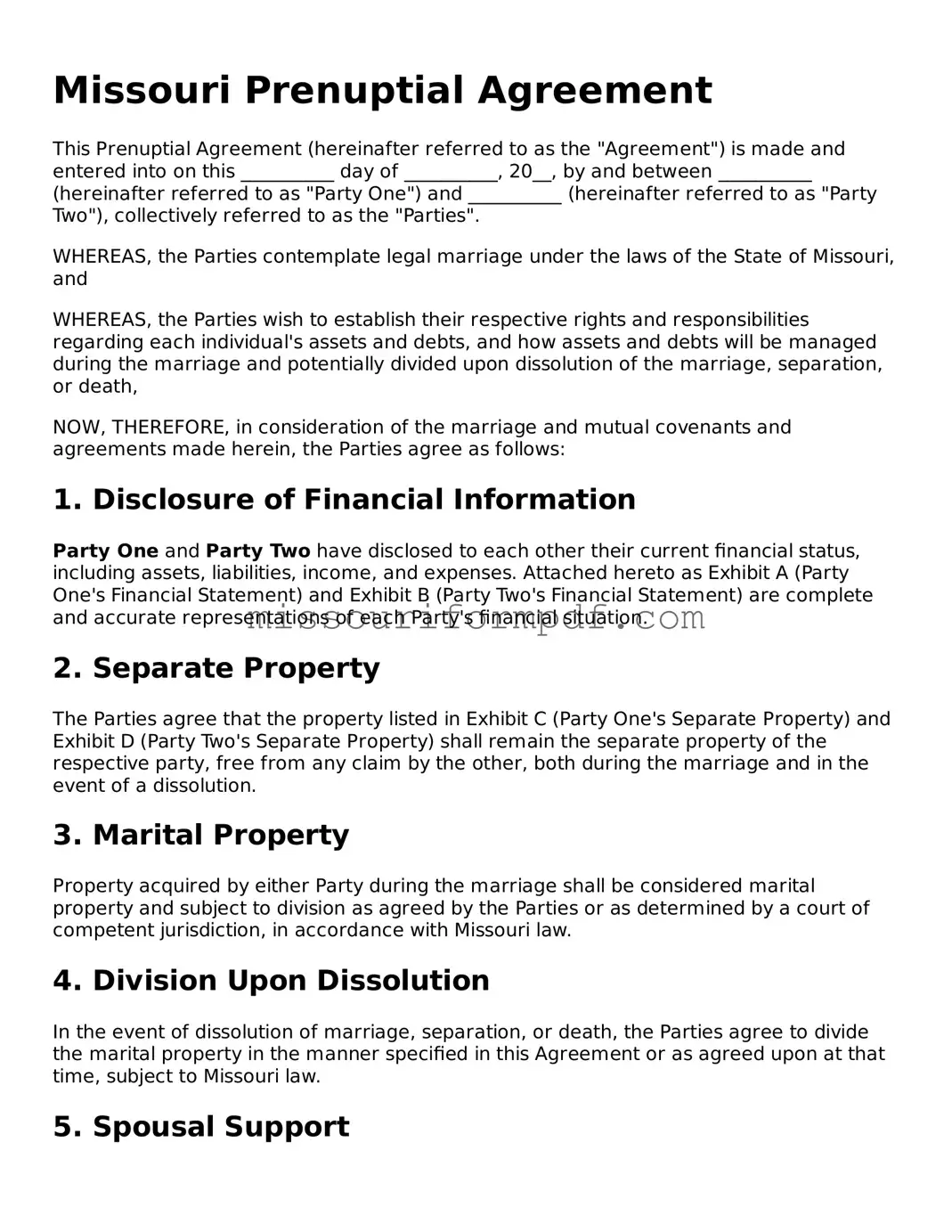 Printable Prenuptial Agreement Template for Missouri State
