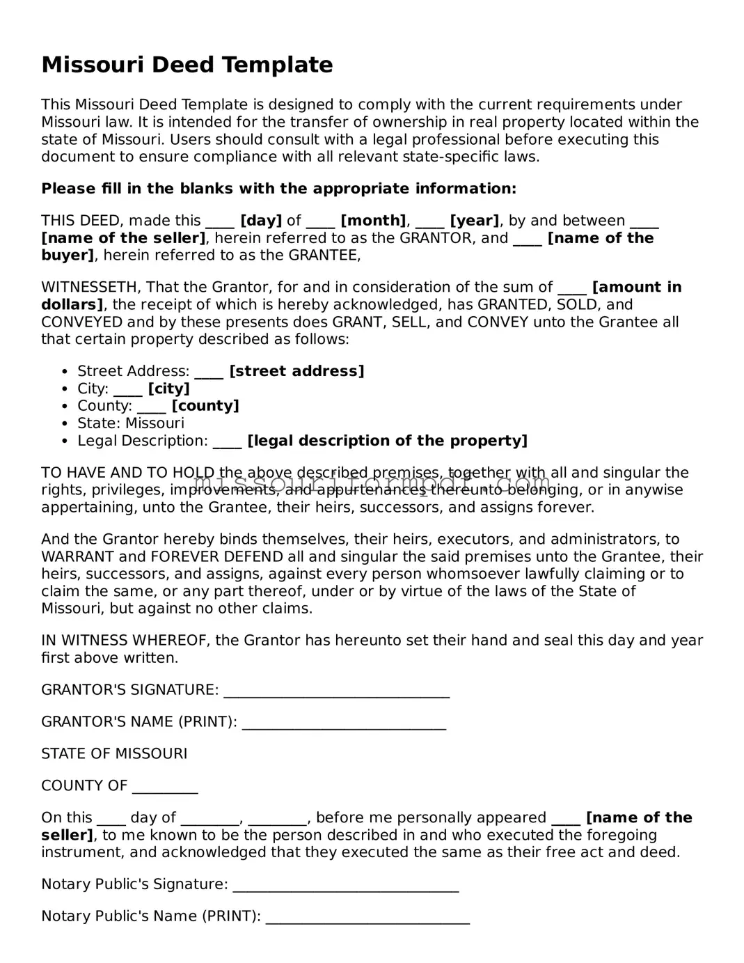 Printable Deed Template for Missouri State