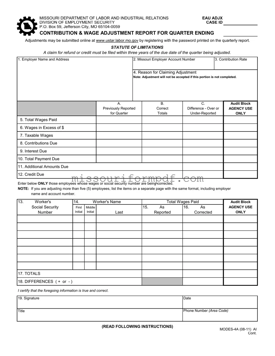 Blank Missouri Quarterly Contribution Template