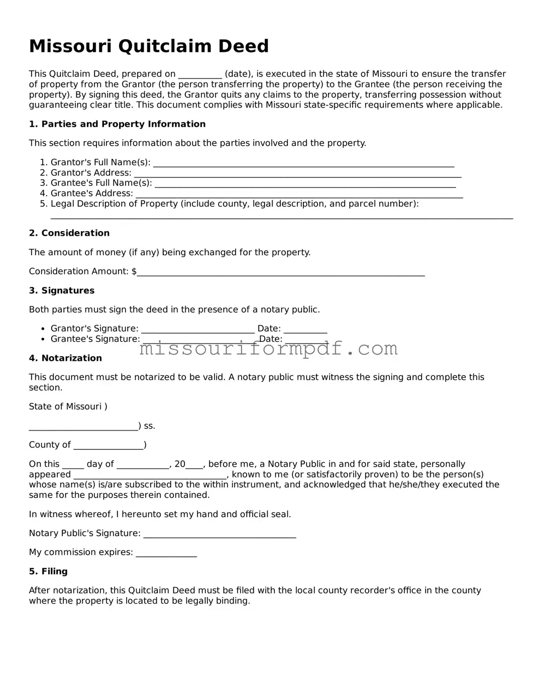 Printable Quitclaim Deed Template for Missouri State