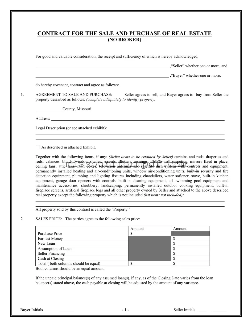 Blank Missouri Real Estate Contract Template