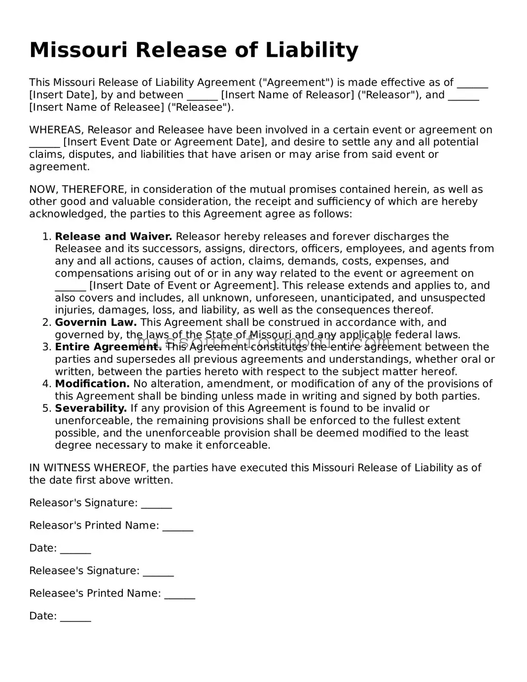Printable Release of Liability Template for Missouri State