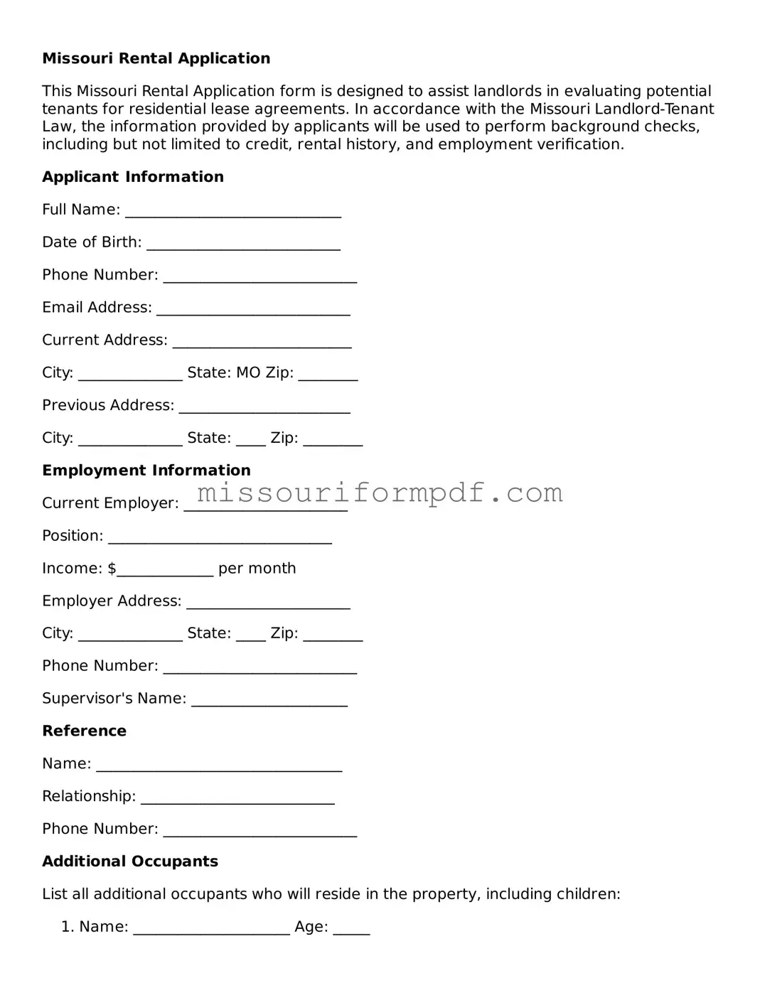 Printable Rental Application Template for Missouri State