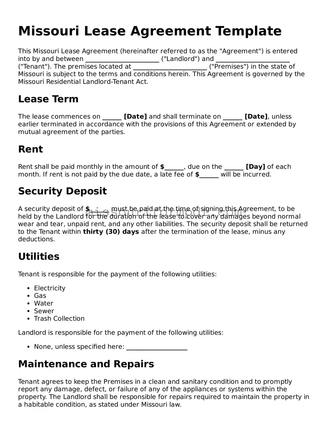 Printable Lease Agreement Template for Missouri State