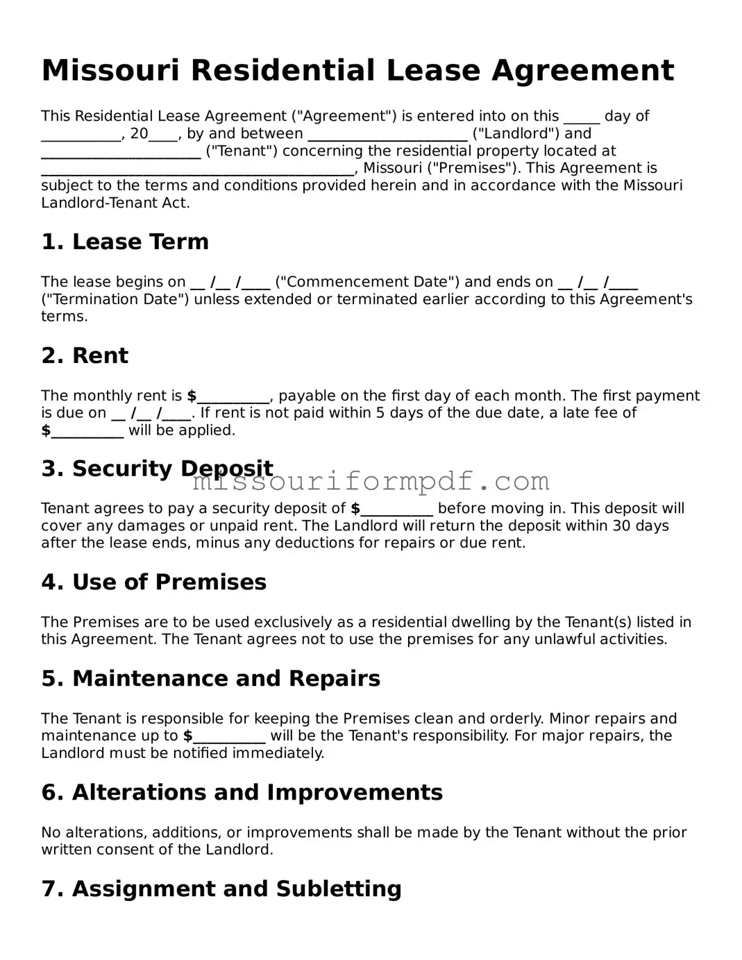 Printable Residential Lease Agreement Template for Missouri State
