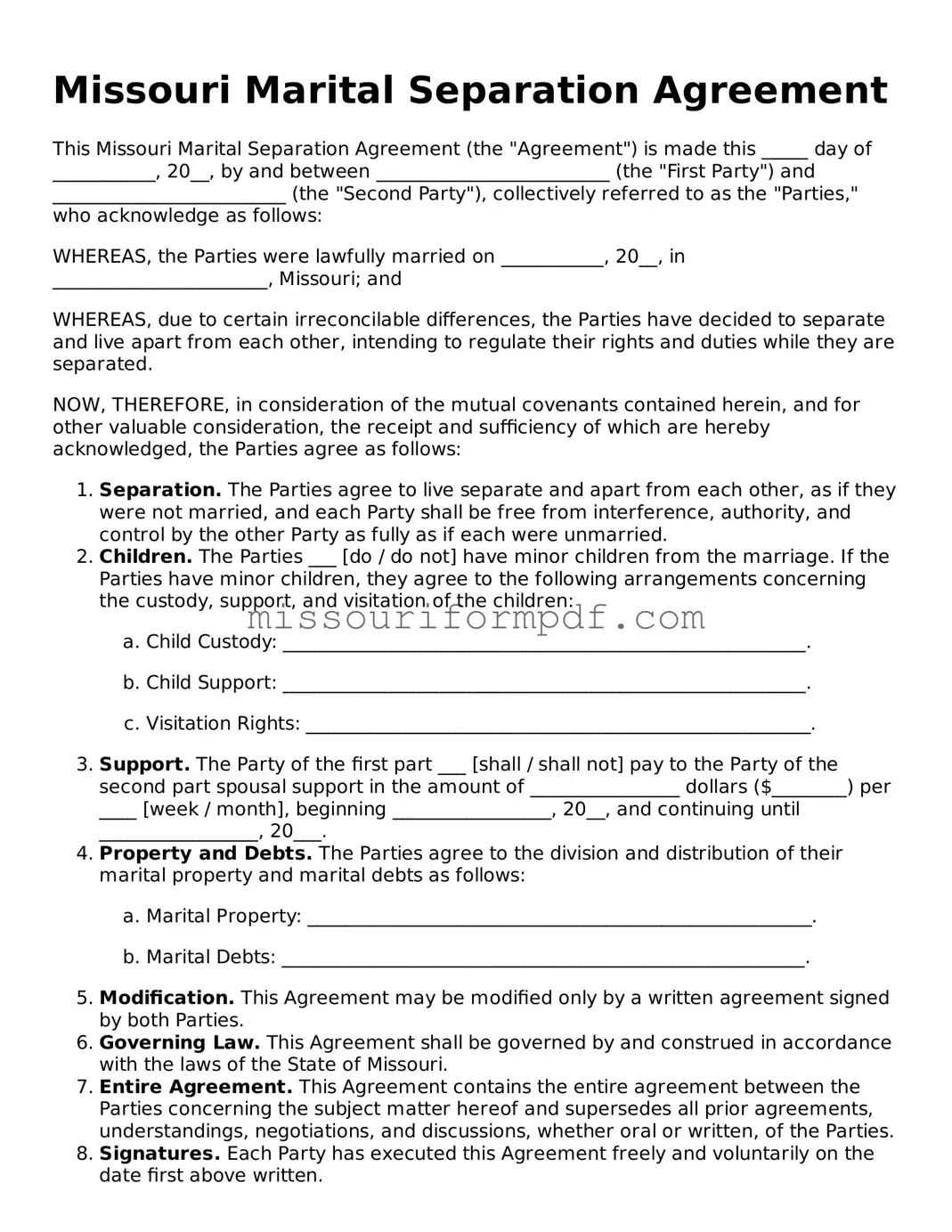 Printable Marital Separation Agreement Template for Missouri State